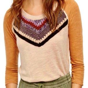 We The Free/Free People Spring Bound Baseball Tee Crochet Yoke Top Large